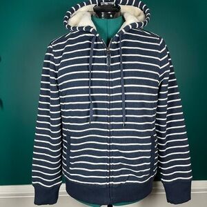 LL Bean Navy and White Striped fleece Sherpa lined Hoodie zip up